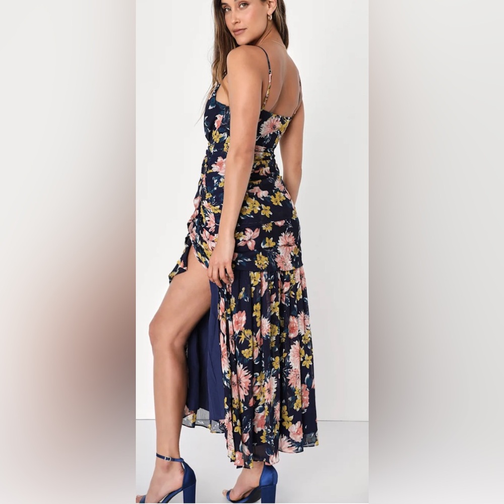 Lulus MIDI Floral Dress Blue Ruched Waist Flounce Skirt Slit Spaghetti Straps L - Picture 3 of 16
